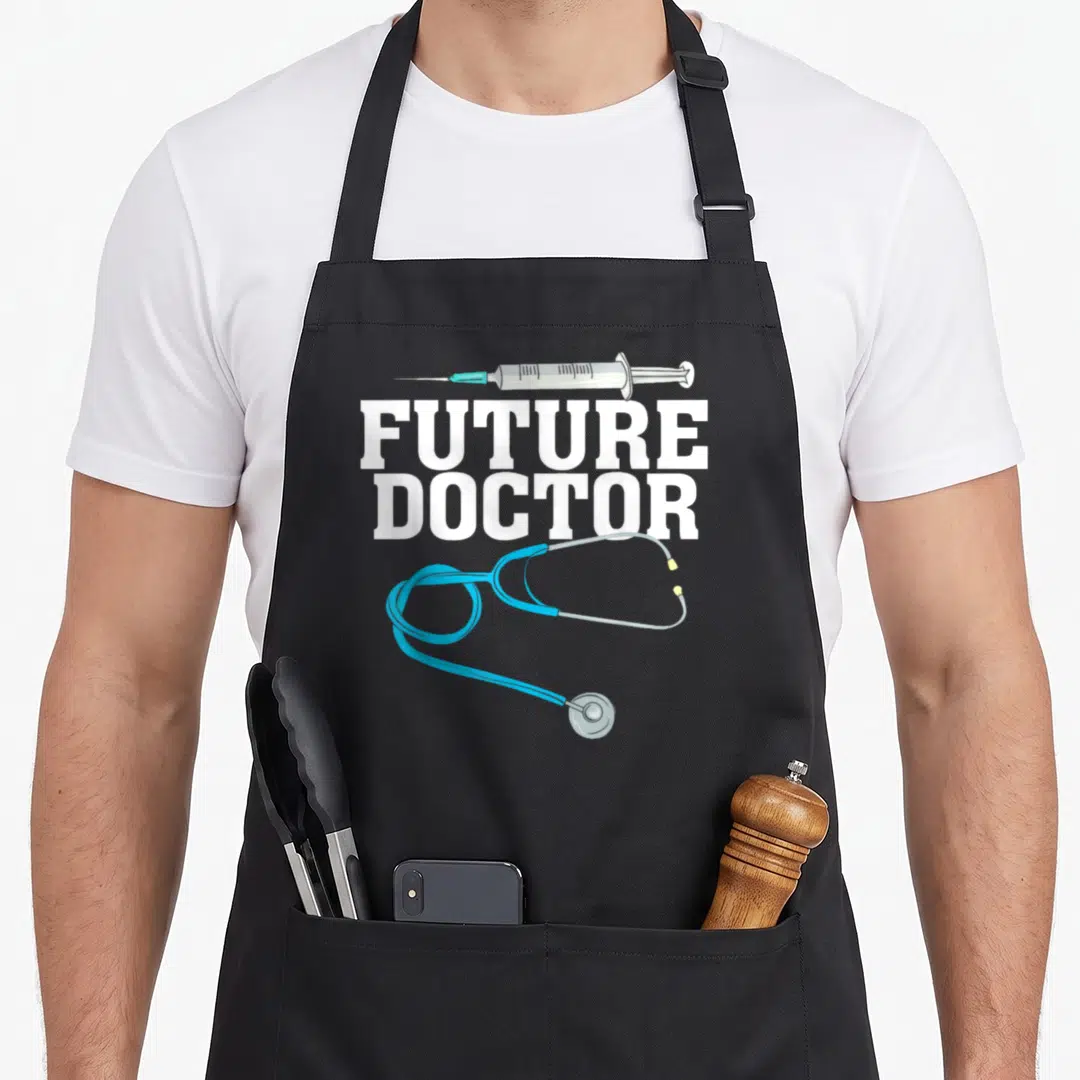 Training doctor apron - Future Doctor text with syringe and blue stethoscope on grey background — shown on a black cotton canvas apron against a white background