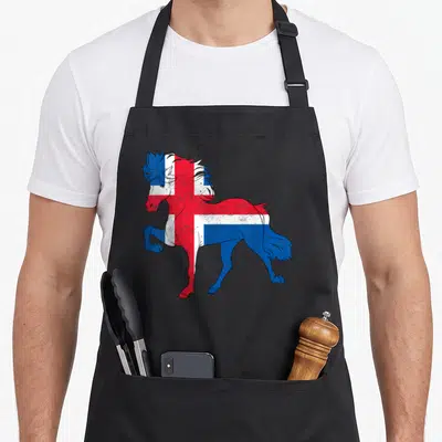 Tolt horse apron - Distressed horse silhouette filled with red white and blue flag pattern — shown on a black cotton canvas apron against a white background