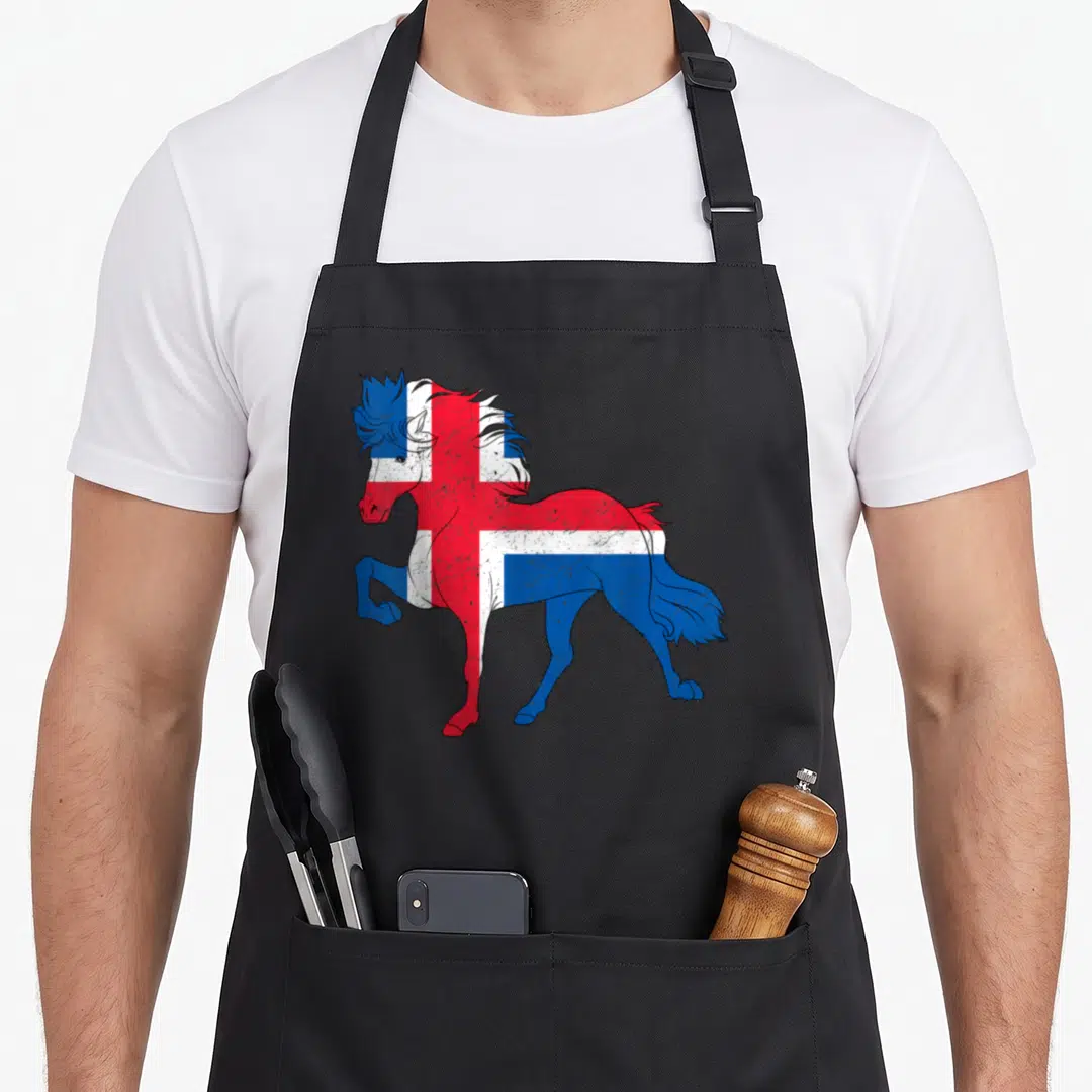 Tolt horse apron - Distressed horse silhouette filled with red white and blue flag pattern — shown on a black cotton canvas apron against a white background