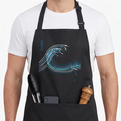 Wave synthesizer apron - Minimalist wave of blue and white audio cables with jacks and MEWLEERT text — shown on a black cotton canvas apron against a white background
