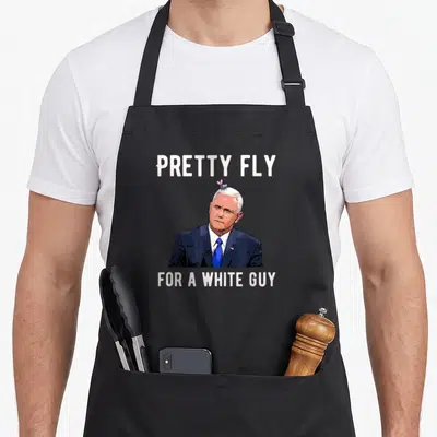 Fly pretty apron - Cartoon man in blue suit with pink-winged fly on head and white text — shown on a black cotton canvas apron against a white background