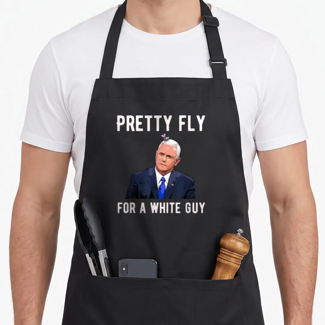Fly pretty apron - Cartoon man in blue suit with pink-winged fly on head and white text — shown on a black cotton canvas apron against a white background