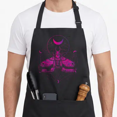 Moth goth apron - Pink and purple moth inside geometric circles with four small crescent moons and one large top — shown on a black cotton canvas apron against a white background
