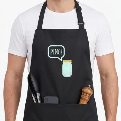 Canning mason apron - Cartoon blue mason jar with yellow lid and speech bubble reading PING! — shown on a black cotton canvas apron against a white background