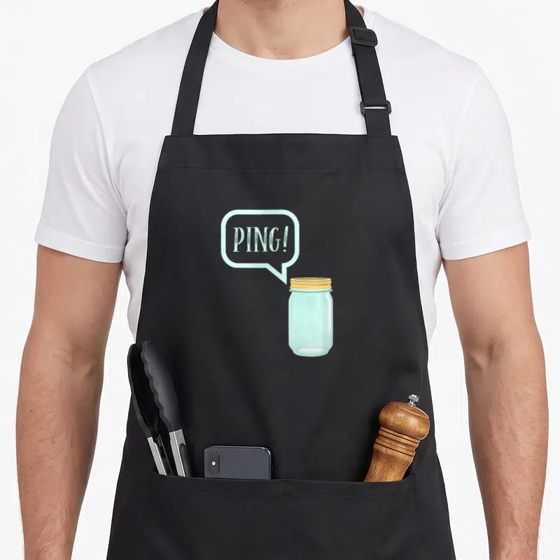 Canning mason apron - Cartoon blue mason jar with yellow lid and speech bubble reading PING! — shown on a black cotton canvas apron against a white background