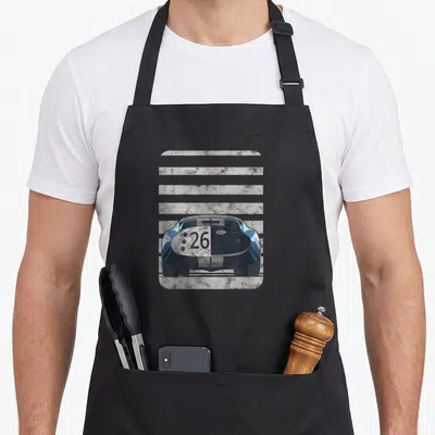 Daytona car apron - Rear view race car number 26 USA blue white grey stripes distressed — shown on a black cotton canvas apron against a white background