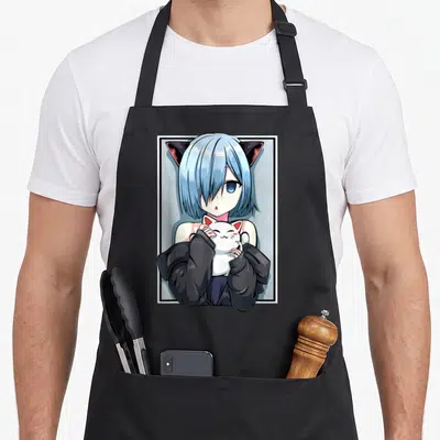 Catgirl anime cooking apron - Blue hair anime girl in black frame holding white cat with red ears — shown on a black cotton canvas apron against a white background