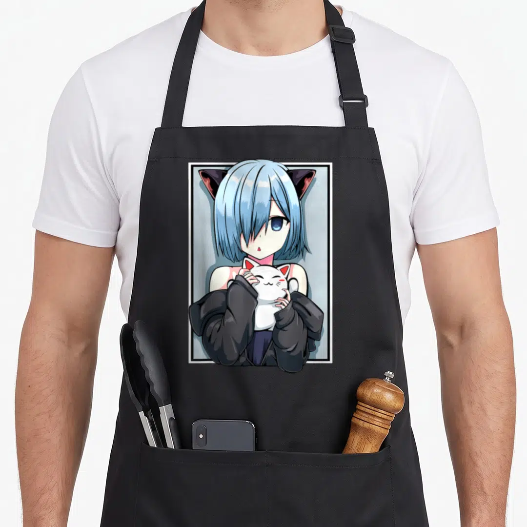 Catgirl anime cooking apron - Blue hair anime girl in black frame holding white cat with red ears — shown on a black cotton canvas apron against a white background