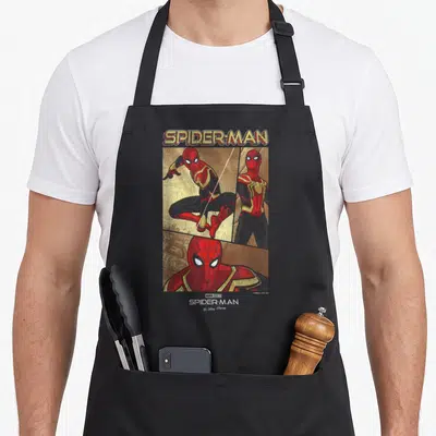 Way boy spider apron - Spider-Man No Way Home poster with three poses in red gold grey and white — shown on a black cotton canvas apron against a white background