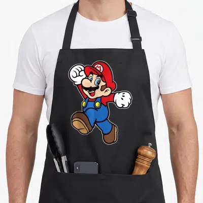 Portrait jump apron - Cartoon Mario running in red and blue with an M on his hat — shown on a black cotton canvas apron against a white background