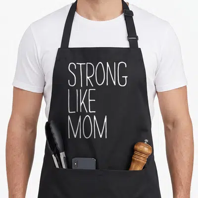 Funny strong mom apron - White stacked text reading STRONG LIKE MOM on grey background — shown on a black cotton canvas apron against a white background