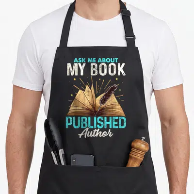Ask copywriter apron - Open book with quill and stars, text ASK ME ABOUT MY BOOK PUBLISHED Author in distressed style — shown on a black cotton canvas apron against a white background