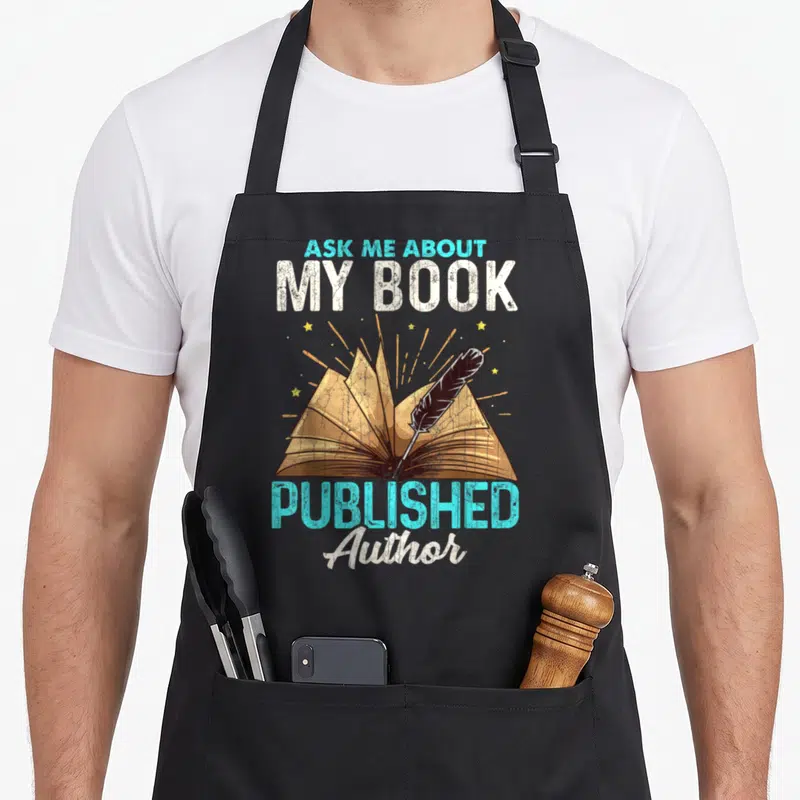 Ask copywriter apron - Open book with quill and stars, text ASK ME ABOUT MY BOOK PUBLISHED Author in distressed style — shown on a black cotton canvas apron against a white background