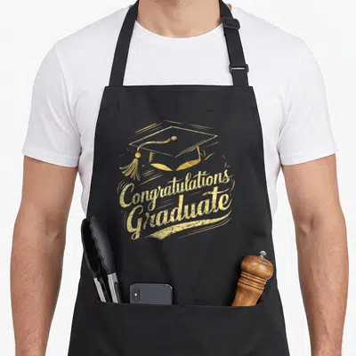 Senior congrats apron - Gold distressed graduation cap above stacked Congratulations Graduate script on black background — shown on a black cotton canvas apron against a white background