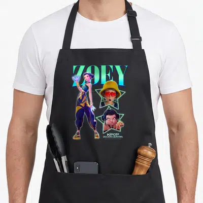 Zoey trend apron - ZOEY K-POP DEMON HUNTERS character with star frames and teal blue yellow purple art — shown on a black cotton canvas apron against a white background