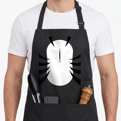Tiger quick apron - Abstract white oval with four black curved spikes on each side — shown on a black cotton canvas apron against a white background