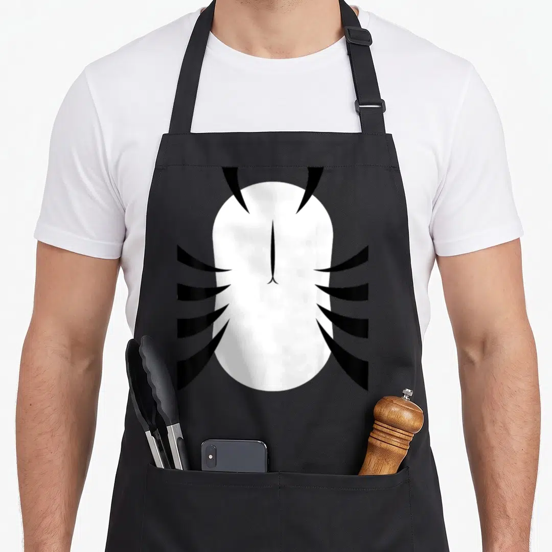 Tiger quick apron - Abstract white oval with four black curved spikes on each side — shown on a black cotton canvas apron against a white background