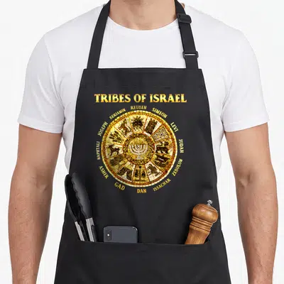 Twelve tribe hebrew aprons - Gold mosaic menorah surrounded by twelve tribal names in a circular arrangement — shown on a black cotton canvas apron against a white background