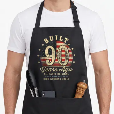 Flag birthday apron - Distressed USA flag circle with number 90 and text Built Years Ago Good Working Order — shown on a black cotton canvas apron against a white background