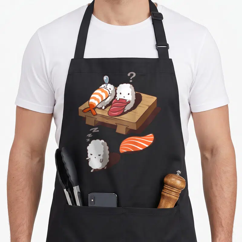 Japanese sushi apron - Cartoon nigiri sushi on wooden board with salmon and sleeping rice ball with zzz symbols — shown on a black cotton canvas apron against a white background