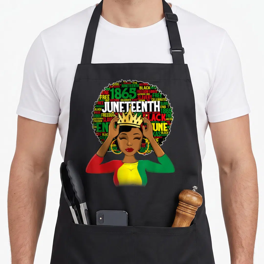 Juneteenth queen african american aprons - Crowned woman with afro filled with Juneteenth 1865 Freedom Slavery text — shown on a black cotton canvas apron against a white background