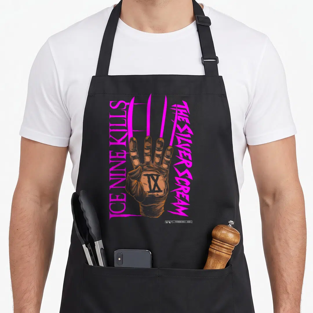 Nine halloween apron - Hand with three pink claws and roman numeral IX flanked by vertical pink text — shown on a black cotton canvas apron against a white background