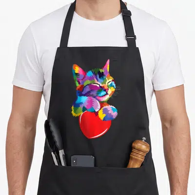 Critter rainbow apron - Multicolored cartoon cat hugging large red heart in red blue yellow purple green — shown on a black cotton canvas apron against a white background