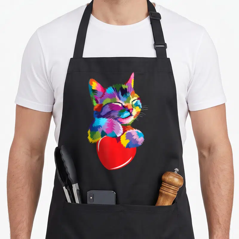 Critter rainbow apron - Multicolored cartoon cat hugging large red heart in red blue yellow purple green — shown on a black cotton canvas apron against a white background
