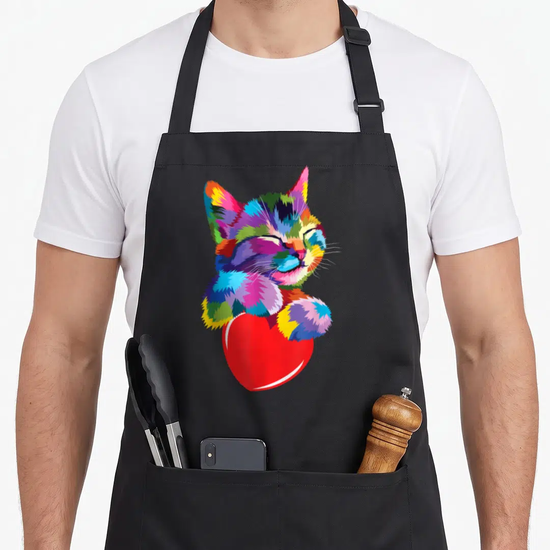 Critter rainbow apron - Multicolored cartoon cat hugging large red heart in red blue yellow purple green — shown on a black cotton canvas apron against a white background