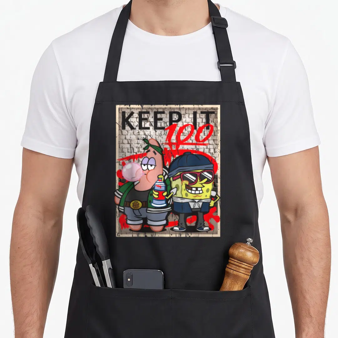 Patrick hip apron - SpongeBob and Patrick in gangster outfits with KEEP IT 100 graffiti text on brick wall — shown on a black cotton canvas apron against a white background