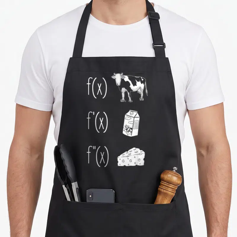 Cow teacher apron - White f(x) cow, f'(x) milk carton, f''(x) cheese line art — shown on a black cotton canvas apron against a white background