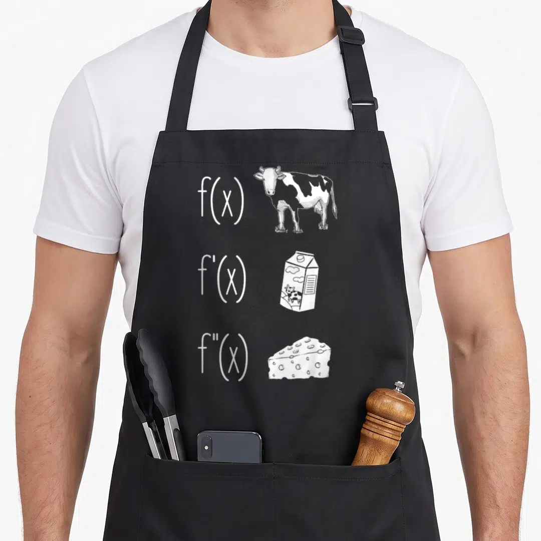 Cow teacher apron - White f(x) cow, f'(x) milk carton, f''(x) cheese line art — shown on a black cotton canvas apron against a white background