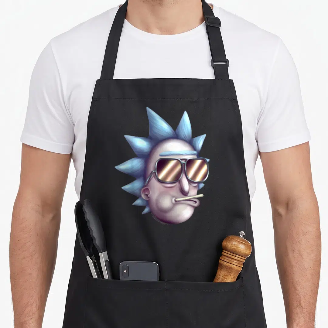 Reality alternative apron - Realistic head of man with blue spiky hair and gold aviator sunglasses — shown on a black cotton canvas apron against a white background