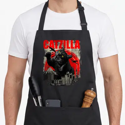 Catzilla kitty cat apron - Giant black cat with red circle and city skyline under red CATZILLA text — shown on a black cotton canvas apron against a white background