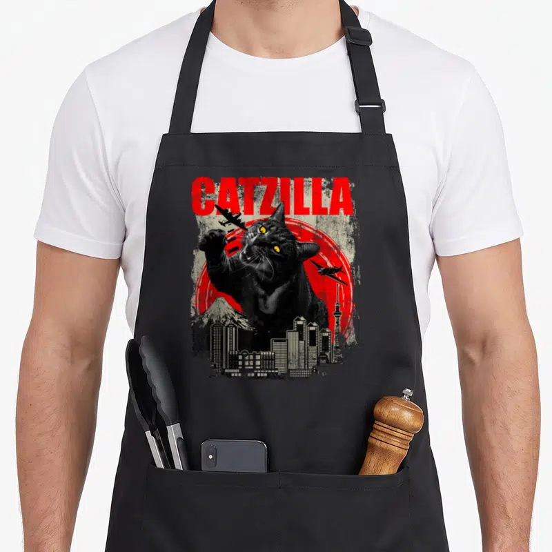 Catzilla kitty cat apron - Giant black cat with red circle and city skyline under red CATZILLA text — shown on a black cotton canvas apron against a white background