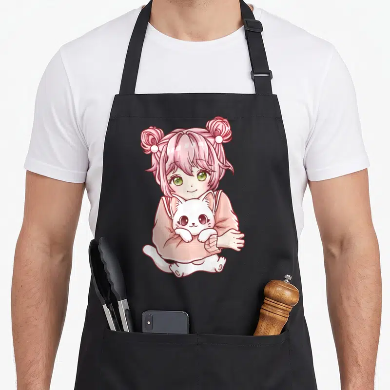 Anime cat kawaii cooking apron - Pink haired anime girl holding white cat in cartoon style — shown on a black cotton canvas apron against a white background