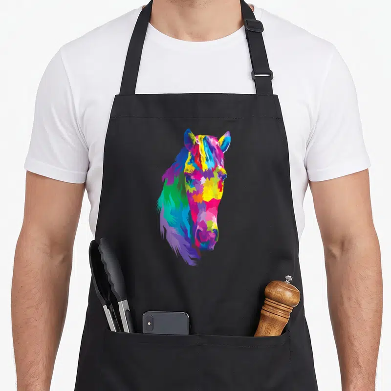 Horse colorful aprons - Multicolored geometric horse head illustration in blue yellow red green purple cartoon style — shown on a black cotton canvas apron against a white background