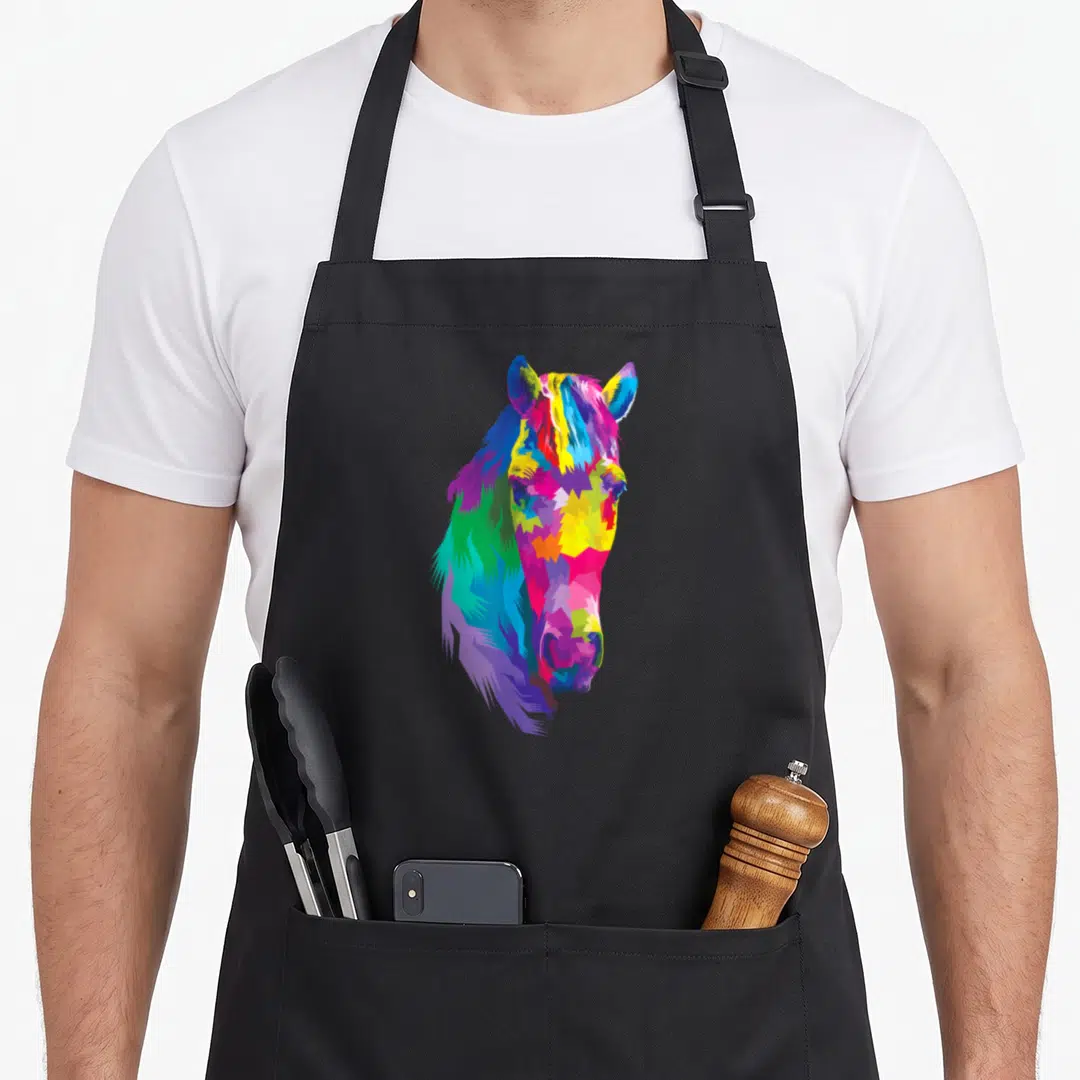 Horse colorful aprons - Multicolored geometric horse head illustration in blue yellow red green purple cartoon style — shown on a black cotton canvas apron against a white background