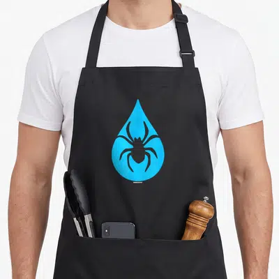 Water swagazon apron - Grey spider silhouette inside a blue water drop shape — shown on a black cotton canvas apron against a white background