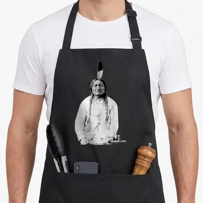 Sitting native american apron - Black and white photo of Native American man with feather and staff — shown on a black cotton canvas apron against a white background