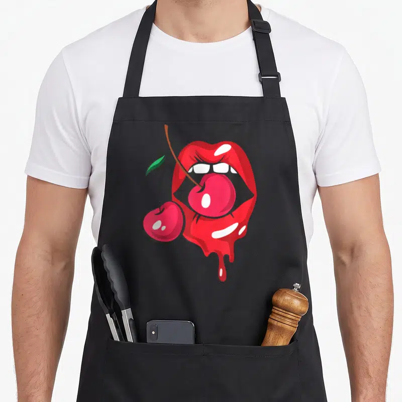 Lip cherry apron - Pair of red lips with tongue and two cherries on a stem — shown on a black cotton canvas apron against a white background