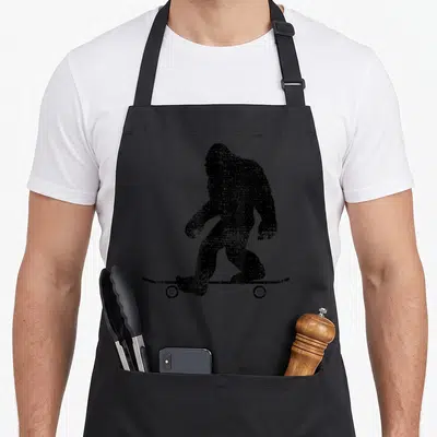 Longboard skateboard funny apron - Black distressed Bigfoot silhouette standing on a skateboard deck — shown on a black cotton canvas apron against a white background
