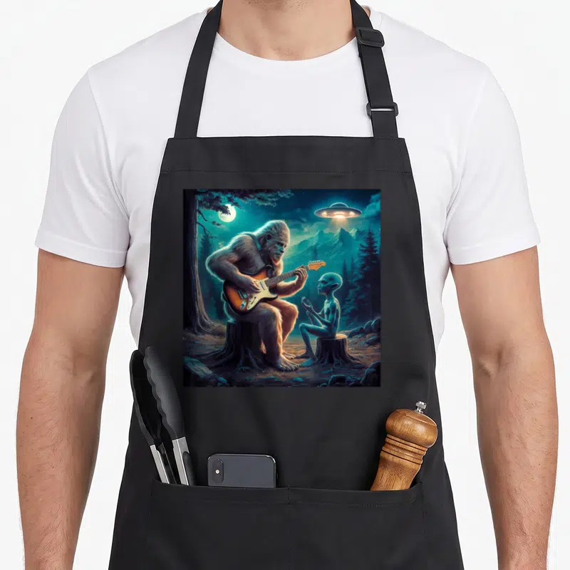 Alien guitar bigfoot apron - Bigfoot playing guitar for an alien under a UFO and moon — shown on a black cotton canvas apron against a white background