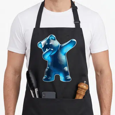 Blue bear apron - Glossy blue gummy bear doing a dab pose with white outline — shown on a black cotton canvas apron against a white background