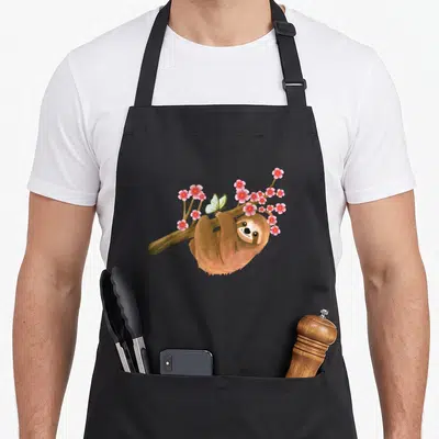 Sloth cherry apron - Cartoon sloth hanging from brown branch with pink flowers and green butterfly — shown on a black cotton canvas apron against a white background