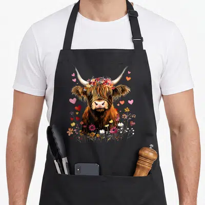 Highlander highland cow apron - Brown Highland cow head with flower crown surrounded by pink red and yellow hearts — shown on a black cotton canvas apron against a white background