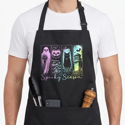 Horror spooky apron - Five vertical line-art panels with ghost, pumpkin, cat, tombstone and gradient Spooky Season — shown on a black cotton canvas apron against a white background