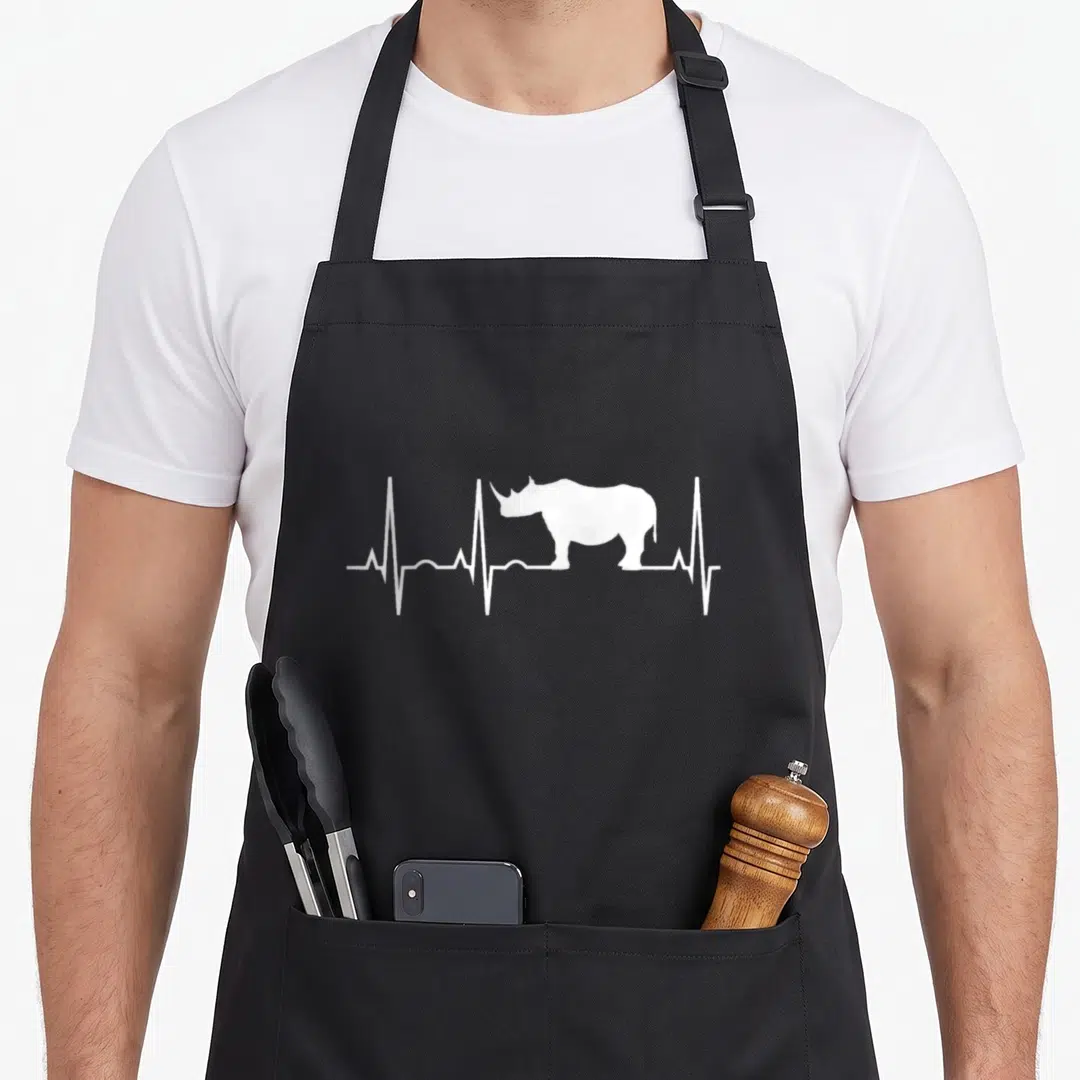 Heartbeat rhino apron - White rhino silhouette integrated into a white EKG heartbeat line on black fabric — shown on a black cotton canvas apron against a white background