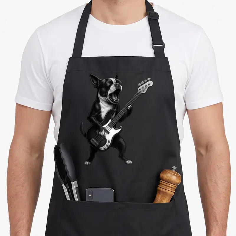 Bass dog apron - Realistic black and white Boston Terrier standing and playing a bass guitar — shown on a black cotton canvas apron against a white background