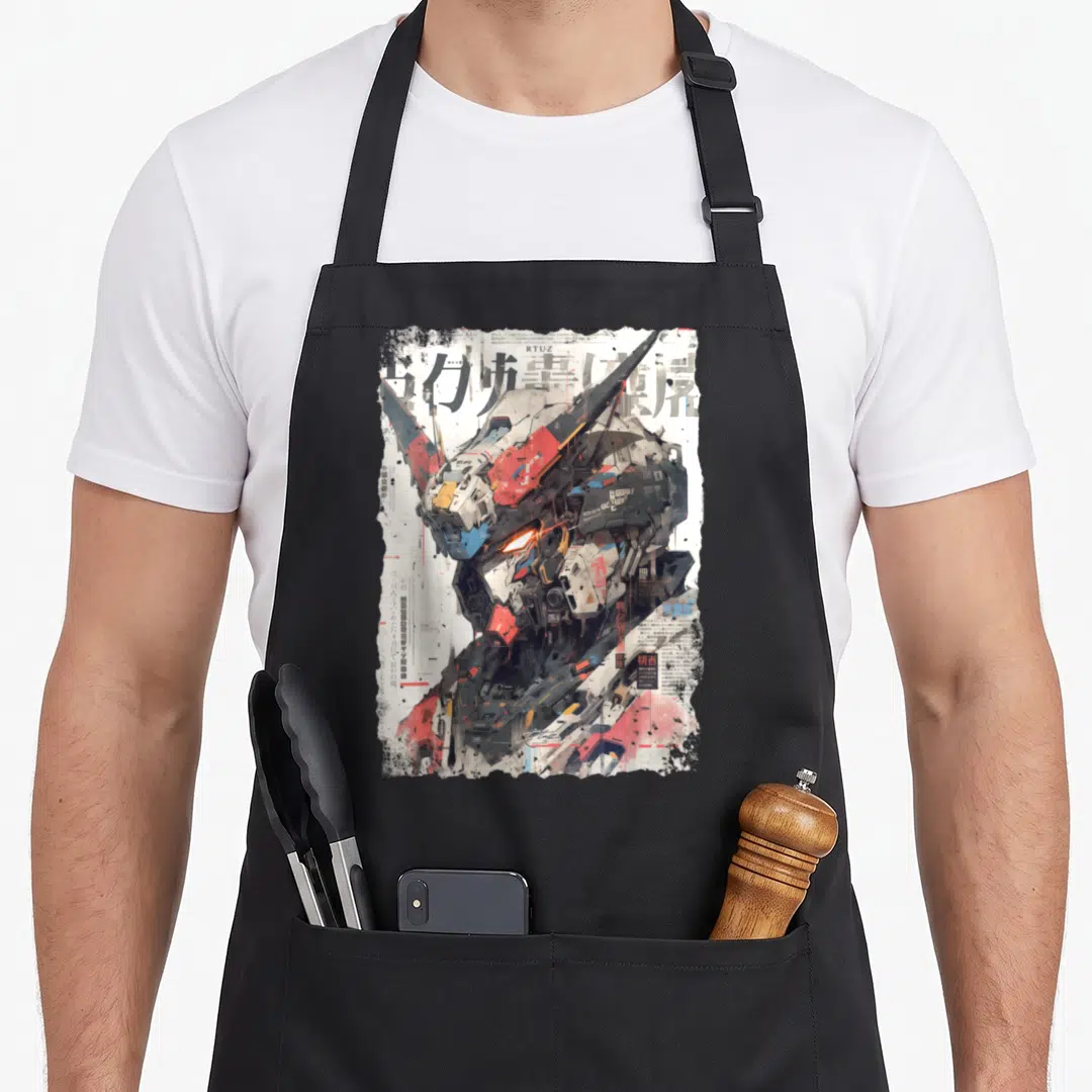 Japanese robot apron - Realistic mecha head in white red blue grey over fragmented text background — shown on a black cotton canvas apron against a white background